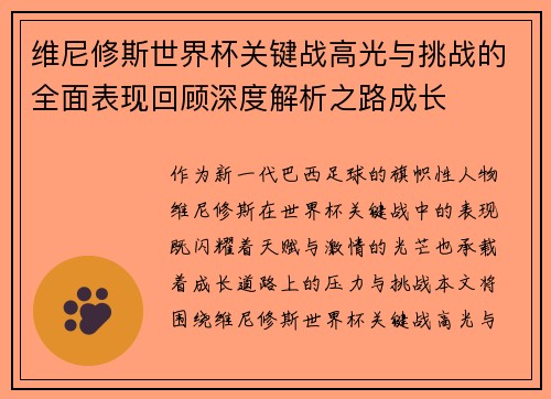 维尼修斯世界杯关键战高光与挑战的全面表现回顾深度解析之路成长 维尼修斯世界杯关键战高光与挑战的全面表现回顾深度解析之路成长